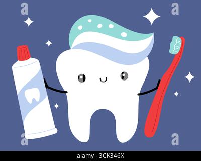 Niedlicher Karikaturzahn mit Zahnpasta und Zahnbürste in den Händen. Mundhygiene. Zahnärztliche Versorgung. Fröhliches Lächeln. Backenzahn bürsten. Reinigung und Wi Stock Vektor