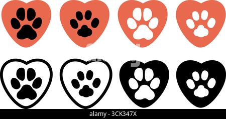 Katzen- und Hundepfoten-Abdrücke auf dem Liebesherz. Hundepfadenabdruck. Kontur- und Silhouettensymbole. Haustierprägung. Veterinär-Logo. Kitten- oder Hündchenfußhaltung Stock Vektor
