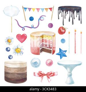 Ein festliches Set mit Kuchen und Dekorationen zur Dessertdekoration, handgezeichnet. Aquarellabbildung auf weißem Hintergrund. Clip Art für Stockfoto