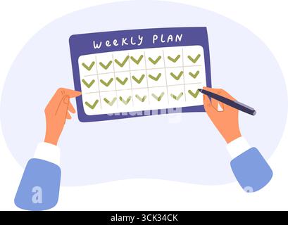 Geschäftsmann kennzeichnet die Erfüllung des Wochenplans in der speziellen Arbeitskalenderansicht von oben. Abgeschlossene Ziele. Hände, die ein Häkchen setzen. Erinnerungszeitplan. F Stock Vektor