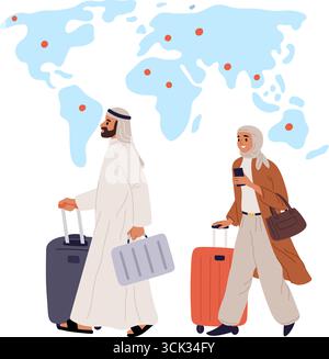 Arabischer Mann und Frau in muslimischer Nationalkleidung, die mit Gepäckkoffern reisen. Passagiere aus arabischen Flugzeugen. Terminal der Fluggesellschaft. Saudische Männer und Frauen tragen Stock Vektor
