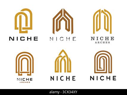 Nischenbogensymbole von Vektorlinien Fenster- oder Türrahmen. Inneneinrichtung des Hauses, altes Schloss, Palast oder Gebäude, Architektursymbole mit braunem Goldfenster, Tür, Tor oder Nische des Eingangs Stock Vektor