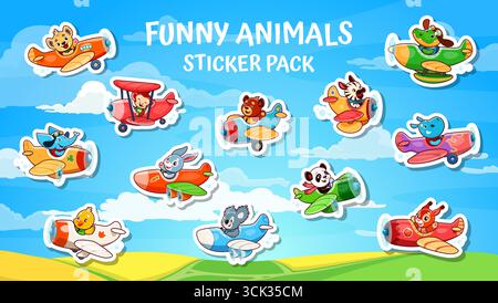 Stickerpackung mit Tierpiloten in Flugzeugen. Cartoon-Vektor niedlicher Häschen, Koala, Panda, Bär und Affe, tiger, Hund, Vogel oder Giraffe. Krokodil, Elefant und Zebra fliegen in Flugzeugen über einen blauen Himmel Stock Vektor