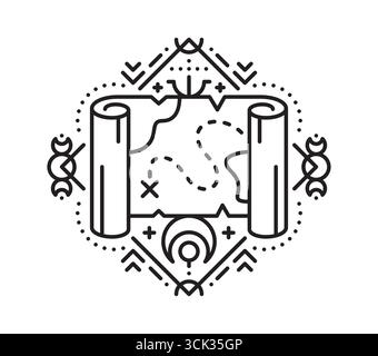 Piraten-Schatzkarte scrollen esoterische Linien-Symbol. Buccaneer Tarot lineares Vektor-Tattoo, Korsair Marine esoterische Umrisssymbol. Piratenbild oder -Schild mit Pergamentpapier, antike Karte Stock Vektor