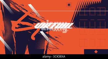 Dynamischer abstrakter Sporthintergrund mit schwarzen und orangefarbenen Pinselstrichen im Halbton-Stil Stock Vektor