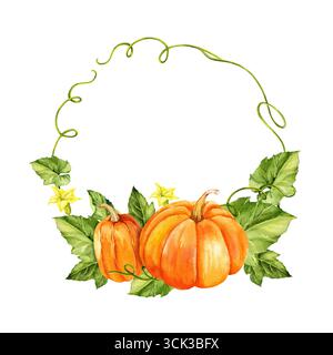 Aquarellkranz aus Reifen orange-beigen Kürbissen mit grünen Blättern, Stängeln und gelben Blüten, Herbstlese-Illustration, handgezeichnete Skizze, für H Stockfoto