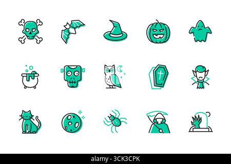 Halloween-Symbole – Set mit Symbolen im Liniendesign Stock Vektor