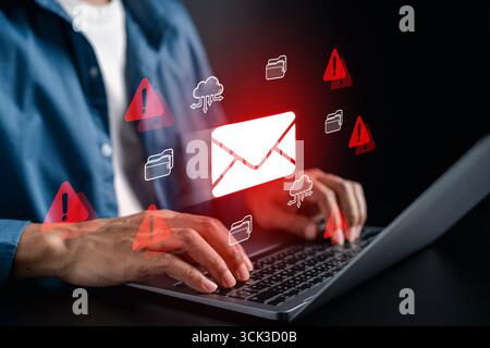 E-Mail-Spam-Warnung und Cybersicherheitsbedrohung mit roten Warnsymbolen. Phishing, Betrug, Malware, Datenschutzverletzung, E-Mail-Angriff, und Risiken für die Online-Sicherheit. Stockfoto