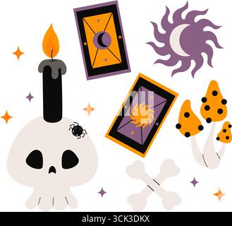 Mystisches Magic Set. Schädel mit schwarzer Kerze und Spinne, Tarotkarten, Knochen und Zauberpilze. Isolierte Ritualelemente im flachen Stil für Halloween Stock Vektor