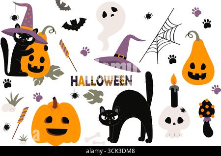 Niedliches gruseliges Halloween-Set. Schwarze Katze in Hexenhut mit Kürbis Jack o Laterne, Leckerli und Spooky Ghost, Schädel, Spinne, Web, Knochen, Kerze, Fledermaus und Kriechen Stock Vektor