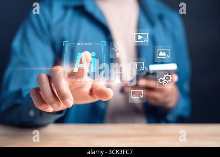 Generative KI-Technologie für Text, Bild, Video und Automatisierung, Konzept der künstlichen Intelligenz, maschinelles Lernen, digitaler Assistent und Smart Co Stockfoto