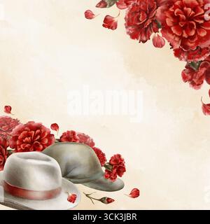 Die Nelkenrevolution von 1974 in Portugal, quadratischer Rahmen, zivile Hüte und Soldatenmützen wurden zu Symbolen für friedliche Gezeiten, die sich alle unter den Blüten entfalten Stockfoto