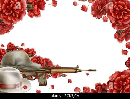 Nelkenrevolution 25. april 1974 in Portugal, horizontale Vorlage. Zivilhut, Soldatenmütze, Vintage-Gewehr mit roten Blumen wurden zu Symbolen Stockfoto