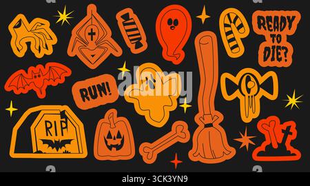 Halloween Aufkleber Set mit orangefarbenen Designs - Spinnen und Fledermaus, Geist und Kürbis, Grabstein mit RIP, Knochen und gruselige Textelemente auf schwarzem Hintergrund für Oktober-Partys mit warmen Herbstfarben Stock Vektor