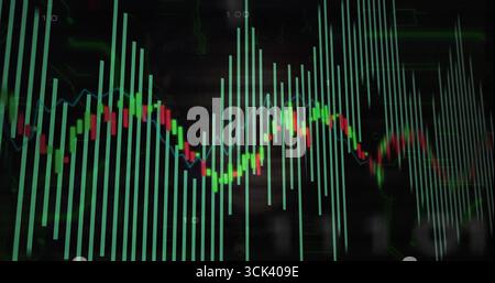 Anzeige des Diagramms auf der Handelsanzeige mit Neonraster, grünen Balken, roten Kerzenleuchtern und blauer Trendlinie Stockfoto