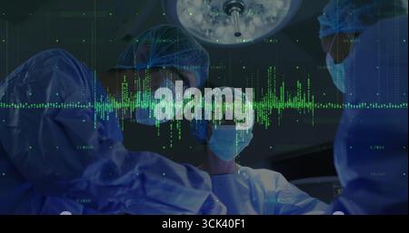 Operationsteam in blauen Gewändern und Masken im OP, mit grüner Wellenform-Überlagerung Stockfoto