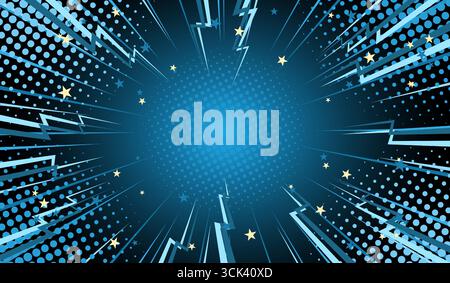 Retro-Superhelden-Comic-Hintergrund im Pop-Art-Stil. Strahlen und Blitze, Punkte und Sterne auf dunkelblauem Hintergrund. Stock Vektor