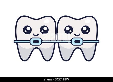 Zahnspange mit Kawaii-Zeichen. Die Ausrichtung des Zahnbisses. Vektorsymbol isoliert. Manga-Stil Stock Vektor
