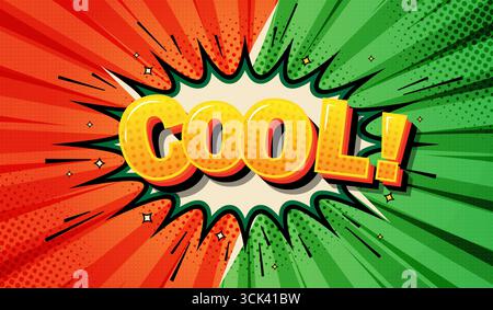 Retro-Superhelden-Comic-Hintergrund im Pop-Art-Stil mit Strahlen auf rotem und grünem Hintergrund, Text „cool“ und einer explosiven Sprechblase. Stock Vektor