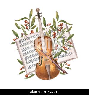 Geige mit Bogen, offenes Notizbuch und krautige Pflanze mit roten Beeren Aquarellillustration auf isoliertem Hintergrund. Saiteninstrument Stockfoto
