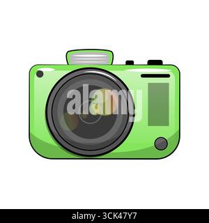 Niedliches grünes Zeichentrickkamera-Symbol mit großem Objektiv. Vektorillustration isoliert auf weißem Hintergrund. Stock Vektor