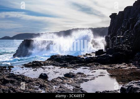 Eine riesige Meereswelle stürzt gegen zerklüftete vulkanische Klippen und erzeugt unter einem bewölkten Himmel dramatische Sprühnebel. Stockfoto