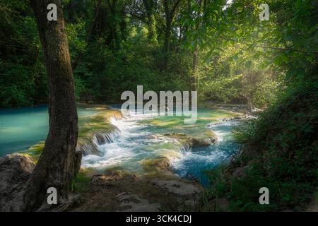 Kristallklares türkisfarbenes Wasser des Flusses Elsa fließt durch üppige Wälder entlang des Wanderweges Sentierelsa in Colle Val d'Elsa, Toskana, Italien. Nat Stockfoto