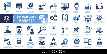Community Manager Symbole: Soziale Medien und emotionale Mitarbeiterbindung. Enthält Symbole für Werbung, Datenanalyse und verschiedene Tools, die von Community-Managern verwendet werden. Stock Vektor