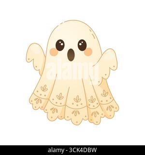 Verspielter Kawaii-Geist mit großen Augen und lacey-Muster. Weiche Halloween-Illustration mit pastellfarbenen Boho- und Cottagecore-Einfluss. Stock Vektor
