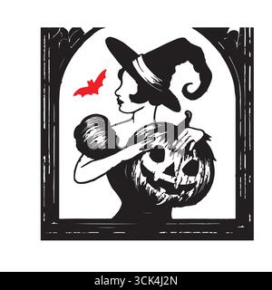 Vintage-Halloween-Illustration einer Hexe, die einen geschnitzten Jack-o'-Laterne-Kürbis hält, eingerahmt von gotischen Bögen im Fensterstil. Eine rote Fledermaus fliegt in der Nähe Stock Vektor