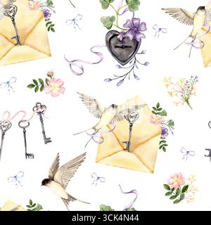 Nahtloses Muster mit Schwalben Schlüssel Umschläge und Blumen Aquarell Illustration Stockfoto