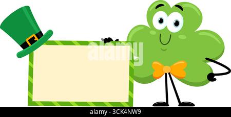 St. Patrick's Clover Leaf Cartoon Figur mit leerem Schild. Vektorabbildung Flache Konstruktion Isoliert Auf Transparentem Hintergrund Stock Vektor