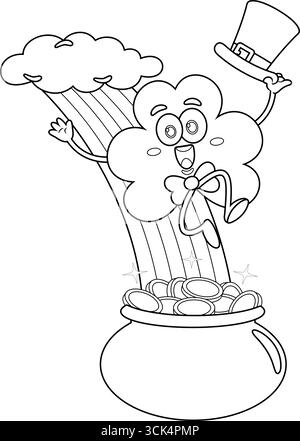 Die Figur des St. Patrick's Clover Leaf Cartoon reitet Mit Einem Regenbogen an die Spitze Eines Topfes Gold. Handgezeichnete Vektorgrafik Stock Vektor
