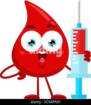 Niedlicher Red Blood Drop Cartoon Charakter, der Eine Spritze hält. Vektorabbildung Flache Konstruktion Isoliert Auf Transparentem Hintergrund Stock Vektor
