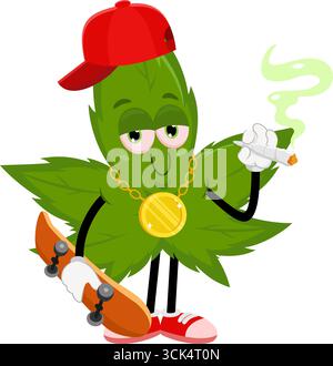 Gangsta Marihuana Leaf Cartoon Figur, die Einen Joint raucht. Vektorabbildung Flache Konstruktion Isoliert Auf Transparentem Hintergrund Stock Vektor