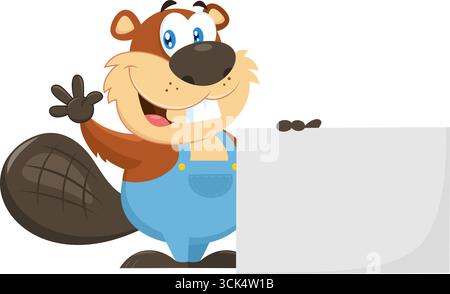 Niedliche Biber-Cartoon-Figur mit leerem Schild und winkt zur Begrüßung. Vektorabbildung Flache Konstruktion Isoliert Auf Transparentem Hintergrund Stock Vektor