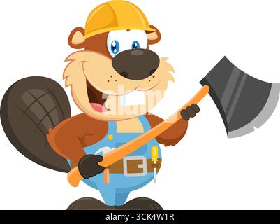 Niedliche Biber-Cartoon-Figur mit Helm und Axt. Vektorabbildung Flache Konstruktion Isoliert Auf Transparentem Hintergrund Stock Vektor