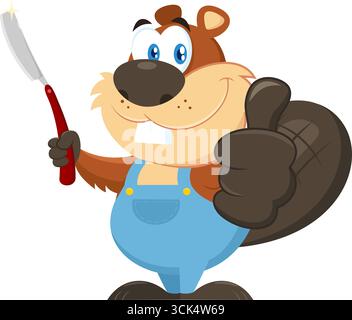 Niedlicher Biber-Cartoon-Charakter Mit Straight Razor. Vektorabbildung Flache Konstruktion Isoliert Auf Transparentem Hintergrund Stock Vektor