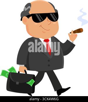 Geschäftsboss Mann Cartoonfigur Mit Aktenkoffer Voller Geld. Vektorabbildung Flache Konstruktion Isoliert Auf Transparentem Hintergrund Stock Vektor