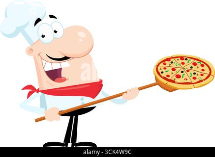 Ein Happy Chef man Cartoon Charakter, der Eine Pizza einfügt. Vektorabbildung Flache Konstruktion Isoliert Auf Transparentem Hintergrund Stock Vektor