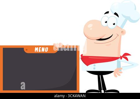 Lächelnder Küchenmann Cartoonfigur Mit Menütafel. Vektorabbildung Flache Konstruktion Isoliert Auf Transparentem Hintergrund Stock Vektor