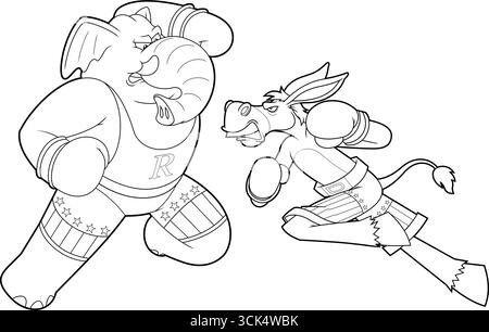Republikanischer Elefant Und Demokrat Esel Cartoon Charaktere Boxing. Handgezeichnete Vektor-Illustration Isoliert Auf Transparentem Hintergrund Stock Vektor