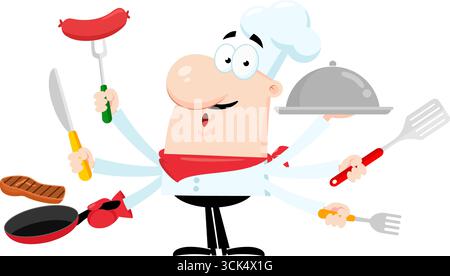 Koch Mann Cartoon Charakter Multitasking In Kitchen. Vektorabbildung Flache Konstruktion Isoliert Auf Transparentem Hintergrund Stock Vektor