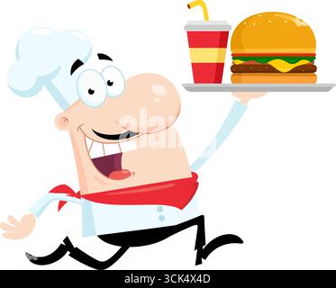 Happy Chef Man Cartoon Charakter Läuft Mit Burger Und Soda. Vektorabbildung Flache Konstruktion Isoliert Auf Transparentem Hintergrund Stock Vektor