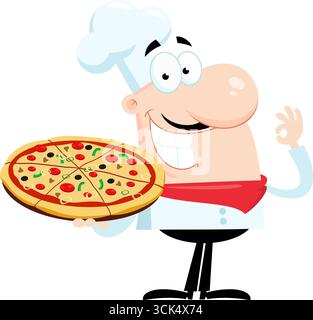 Der lächelnde Koch-Mann Cartoon Charakter hält Eine Pizza und Gesten OK. Vektorabbildung Flache Konstruktion Isoliert Auf Transparentem Hintergrund Stock Vektor
