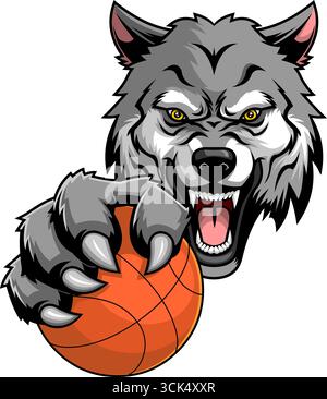 Design Des Logo-Maskottchens „Wild Wolf“ Für Basketball Mit Krallen. Handgezeichnete Vektor-Illustration Isoliert Auf Transparentem Hintergrund Stock Vektor