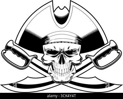 Auffälliger Piratenschädel Mit Zwei Sabres Logo-Designs. Handgezeichnete Vektor-Illustration Isoliert Auf Transparentem Hintergrund Stock Vektor