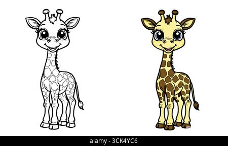 Lustige Giraffe mit langem Hals und niedlichen Augen, schlichtes Schwarz-weiß und Farbskizze. Vektorabbildung. Ein Malbuch-Konzept für Kinder, das Stock Vektor
