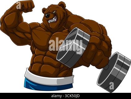 Hardcore Gym Bär Flexing Muskel Sport Mascot Logo Design. Handgezeichnete Vektor-Illustration Isoliert Auf Transparentem Hintergrund Stock Vektor