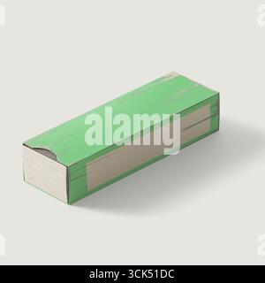 Eine grüne rechteckige Box mit einer leicht beschädigten Ecke, die wahrscheinlich für Verpackung oder Lagerung verwendet wird. Stockfoto